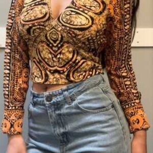 Free People Orange and Black Patterned Blouse
